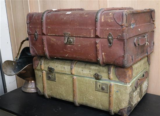 Two canvas trunks and a copper coal scuttle